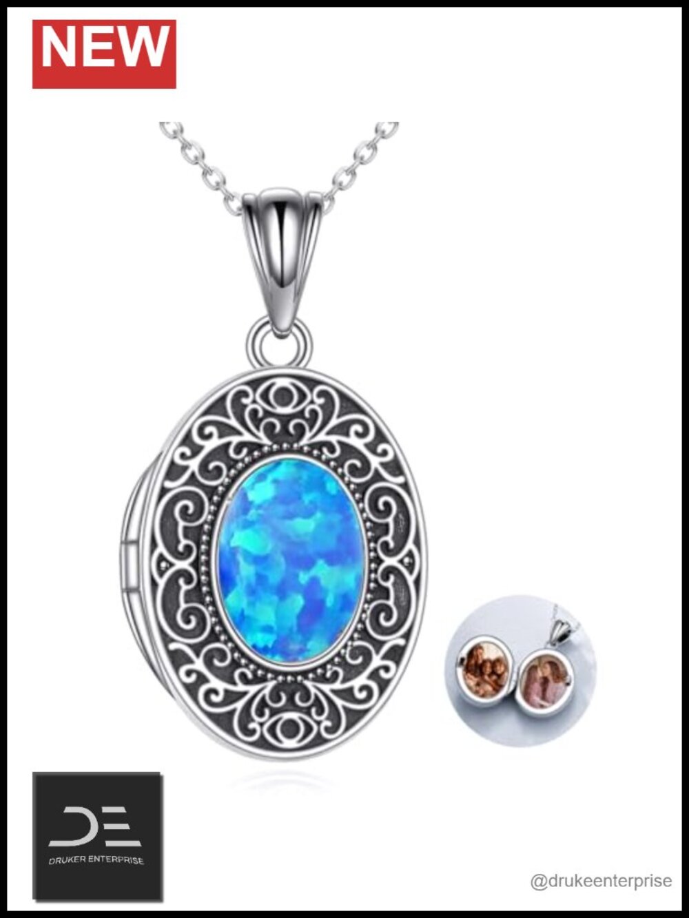 Sterling Silver Picture Locket Necklace Opal Oval Vintage Style with Extender